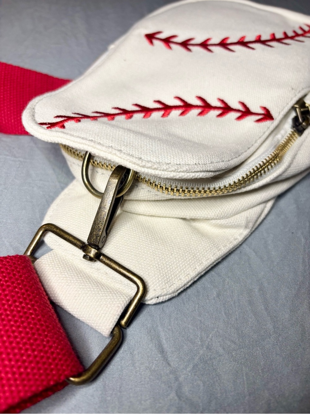 Baseball Embroidered Canvas Sling Crossbody Bag Red Ivory Game Day - Picture 5 of 7